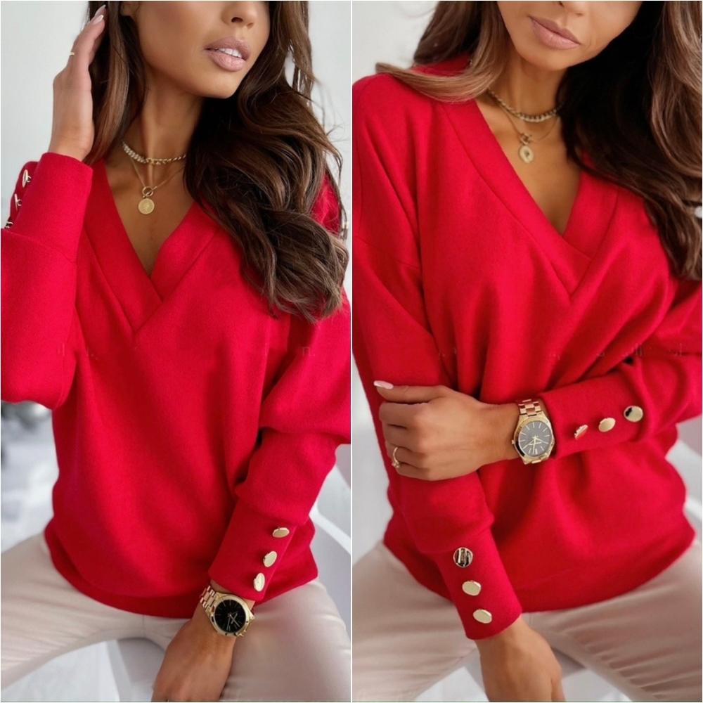 Emily V-Neck Sweatshirt - Red